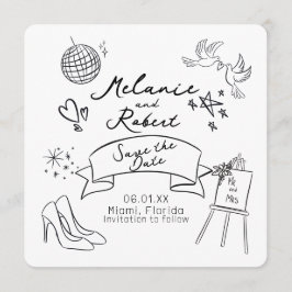 Whimiscal Doodles Black White Save the Date Kaart