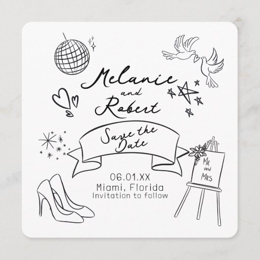 Whimiscal Doodles Black White Save the Date Kaart (Voorkant)