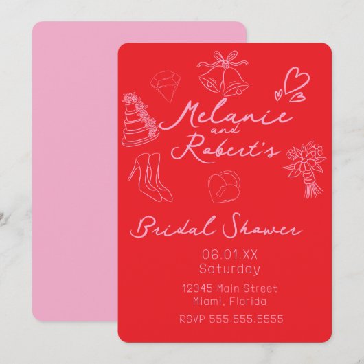 Whimiscal Doodles Bright Pink Bridal Shower Save The Date (Voorkant / Achterkant)