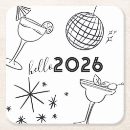 Whimiscal Doodles Hello 2026 New Years Gold Kartonnen Onderzetters