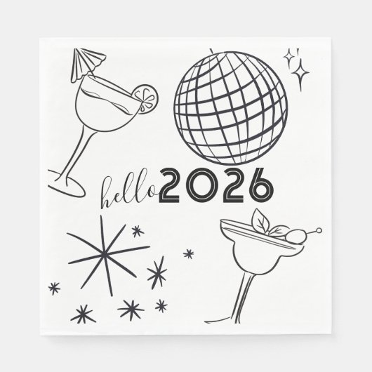 Whimiscal Doodles Hello 2026 New Years Gold Servet (Voorkant)