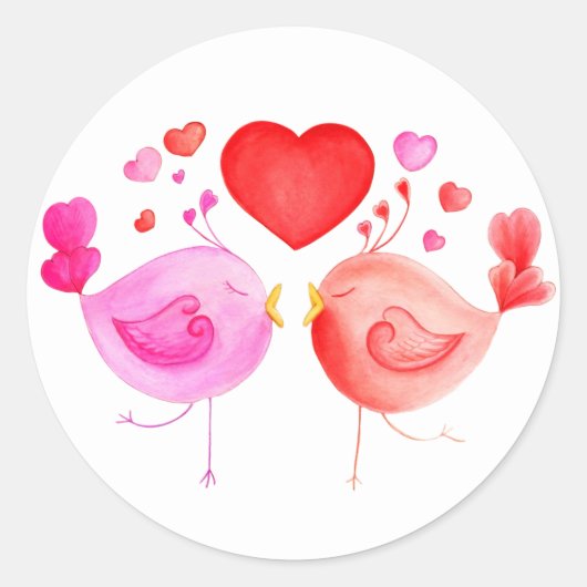 Whimiscal liefdesvogels harten roze rood wit stick ronde sticker (Voorkant)