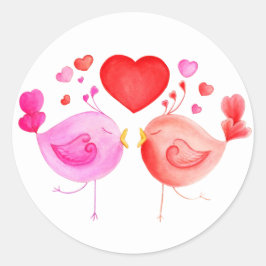 Whimiscal liefdesvogels harten roze rood wit stick ronde sticker