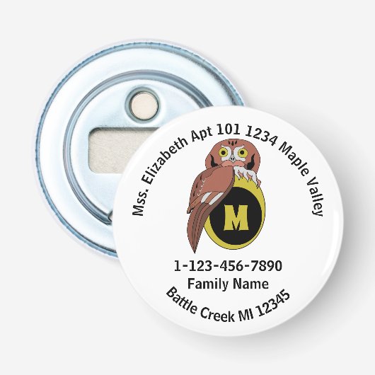 Whimiscal Owl Monogram Verloren Familie Adres Button Flesopener (Voorkant)