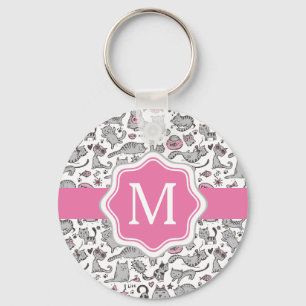 Whimiscal Pink and Grey Cartoon Cat Cat Cft Ideeë Sleutelhanger