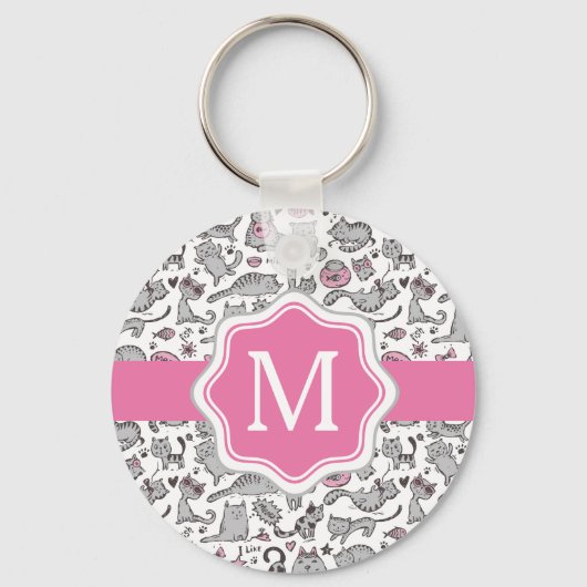 Whimiscal Pink and Grey Cartoon Cat Cat Cft Ideeën Sleutelhanger (Voorkant)