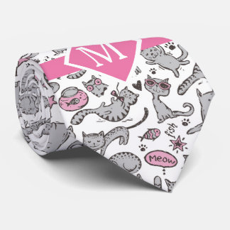 Whimiscal Pink and Grey Cartoon Cat Cat Cft Ideeën Stropdas