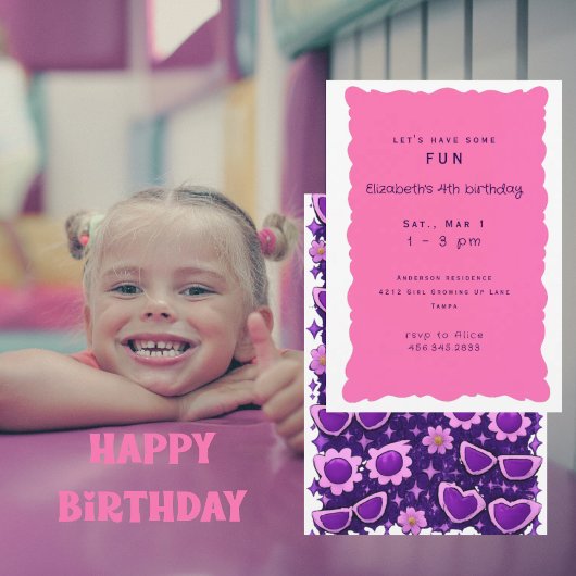 Whimiscal Purple and Pink 4th Birthday Party II Kaart