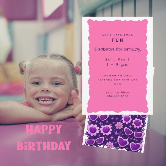 Whimiscal Purple and Pink 5th Birthday Party Kaart