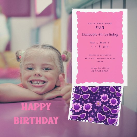 Whimiscal Purple and Pink 6th Birthday Party Kaart