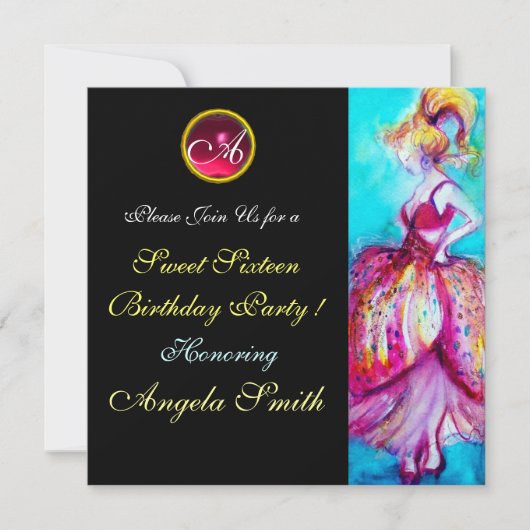 WHIMISCH MEISJE SWEET 16 FEESTJE EDELSTEEN MONOGRA KAART (Voorkant)