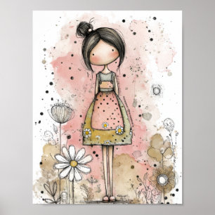 Whimisch Meisje Waterverf met Bloemaccenten (4) Poster