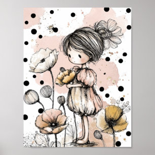 Whimisch Meisje Waterverf met Bloemaccenten (5) Poster