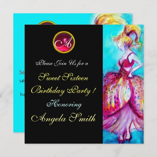 WHIMISCH MEISJE ZOETE 16 FEestJE GEM MONOGRAM Kaart (Voorkant / Achterkant)