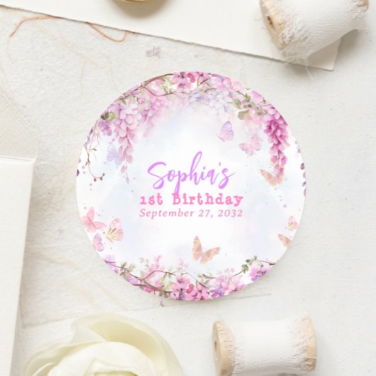 Whimische bloemige Wisteria Vlinder Verjaardag Ronde Sticker