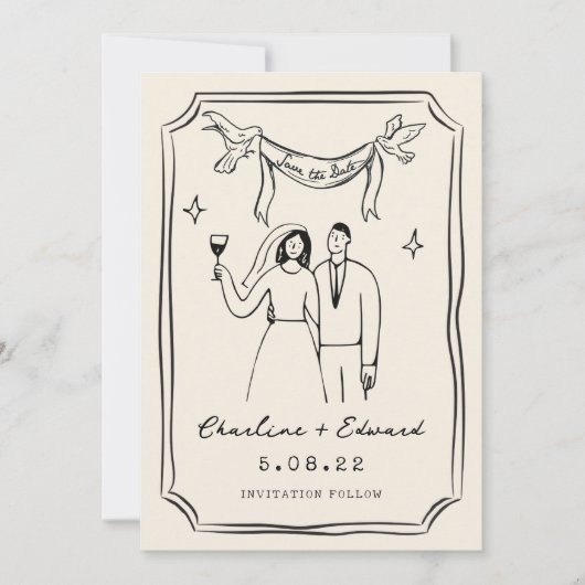 Whimische handgetekende krabbeltekening save the date (Voorkant)