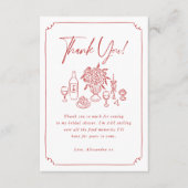 Whimische handgetekende pizza- en wijnbruidsborrel bedankkaart (Voorkant)