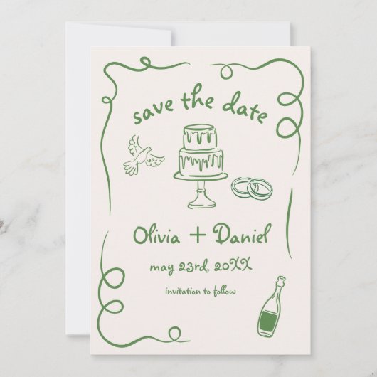 Whimische handgetekende trouwkaart quirky groen save the date (Voorkant)