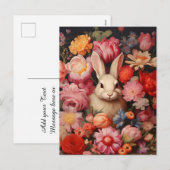 Whimische vintage konijn lente bloemen feestdagenkaart (Voorkant / Achterkant)
