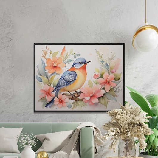 Whimische waterverf vogel bloemenkunst  poster