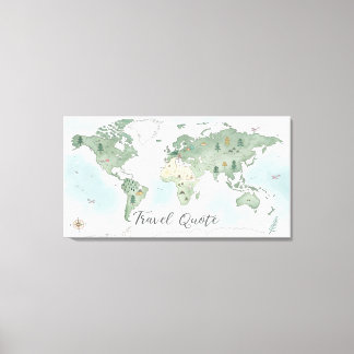 Whimische wereldkaart wandkunst – Aquarel natuur Canvas Afdruk