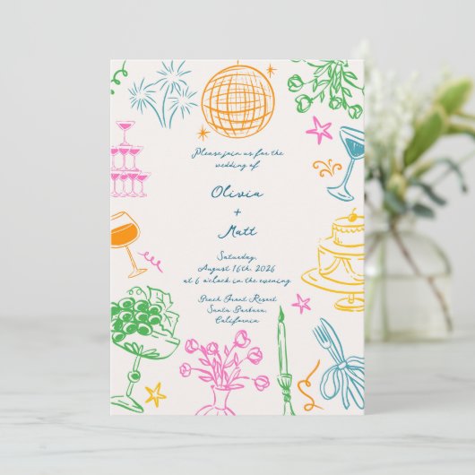 Whimisical Disco Kleurrijke bruiloft Uitnodiging (Staand voorkant)