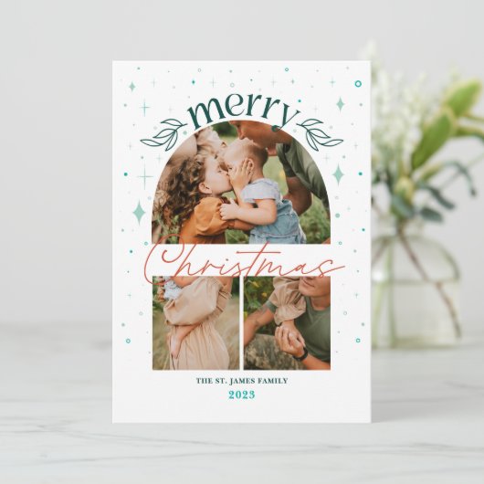 Whimisical Kerstboog Multi-Photo Card Aankondiging (Staand voorkant)