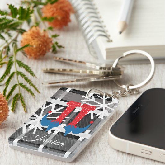 Whimisical Kerstmis Elf Feet Snowflakes Pset Sleutelhanger (Voorkant Rechts)
