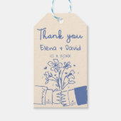 Whimistische handgetekende blauwe bloemige trouw- cadeaulabel (Voorkant)