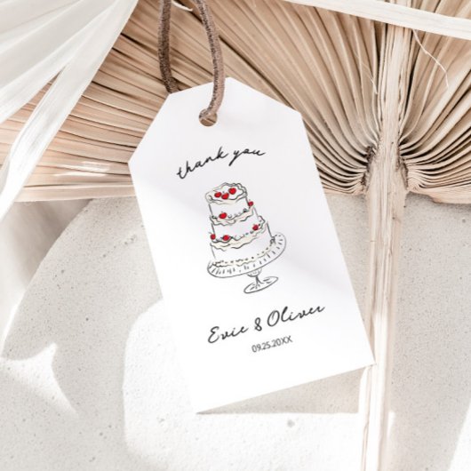 Whimistische handgetekende kersencake bruiloft bed cadeaulabel
