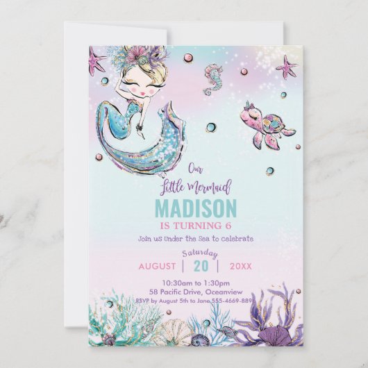 Whimnische blonde zeemeermin onderzee verjaardag kaart (Voorkant)