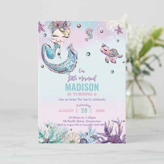Whimnische blonde zeemeermin onderzee verjaardag kaart (Staand voorkant)