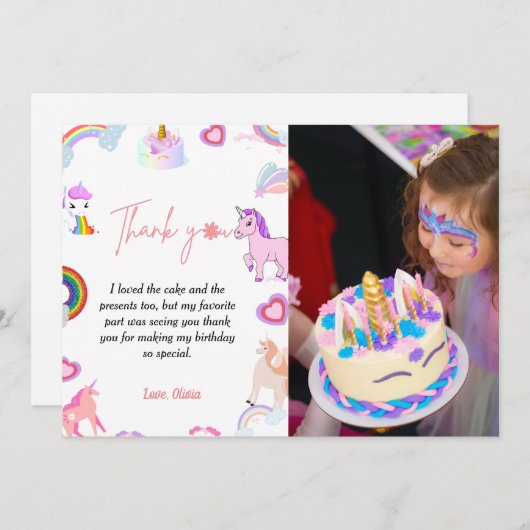 Whimscical script unicorn verjaardag bedankt je ka kaart (Voorkant / Achterkant)