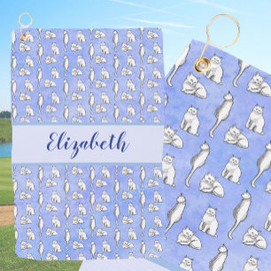Whimse katten op blauw met de naam van dames op ma golfhanddoek