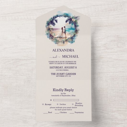 Whimserige waterverf strand bestemmingsbruiloft all in one uitnodiging (Binnen)