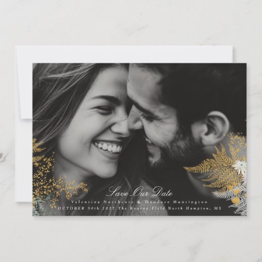 whimsey gouden bloemen foto bruiloft website QR co Save The Date (Voorkant)