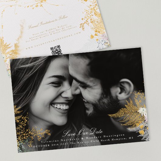 whimsey gouden bloemen foto bruiloft website QR co Save The Date