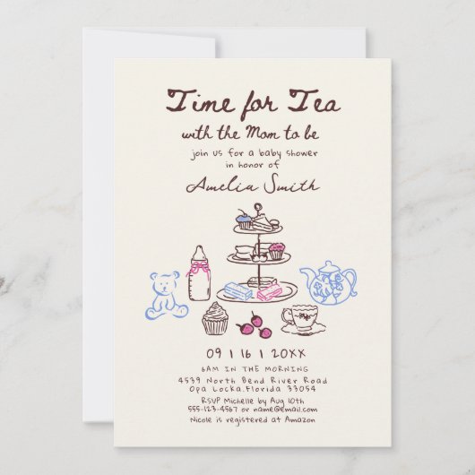 Whimsica Hand getrokken Tea Party baby shower Kaart (Voorkant)