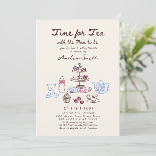Whimsica Hand getrokken Tea Party baby shower Kaart (Staand voorkant)