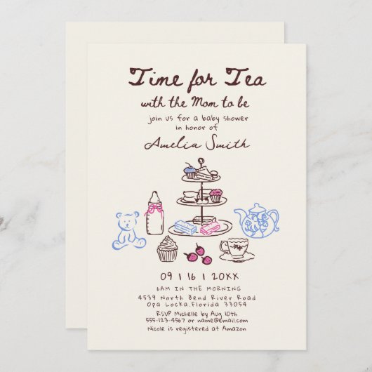Whimsica Hand getrokken Tea Party baby shower Kaart (Voorkant / Achterkant)