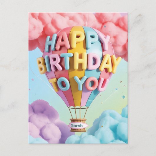 Whimsical 3D "Happy Birthday" Hot Air Balloon Briefkaart (Voorkant)