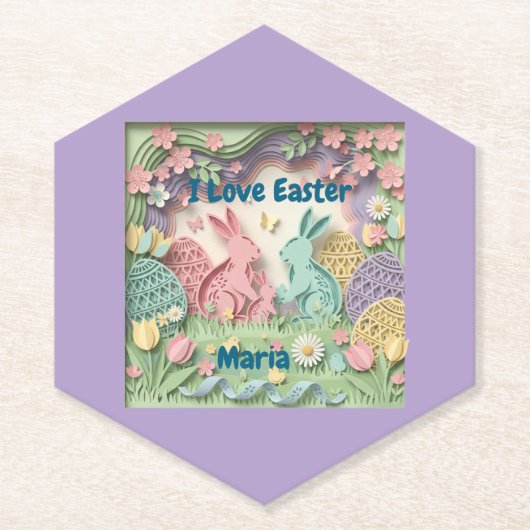 Whimsical 3D Paper Cut Bunny & Easter Eggs Coaster Kartonnen Onderzetters (Voorkant)