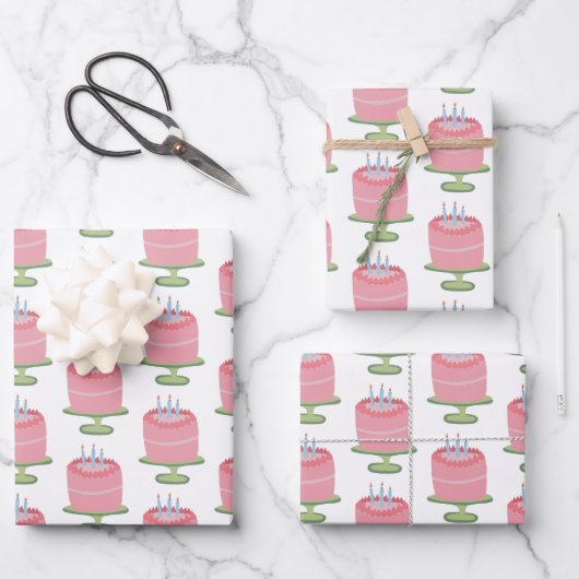 Whimsical 3e Verjaardag Cake Roze Girlie Schattige Inpakpapier Vel (Voorkant)
