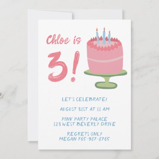 Whimsical 3rd Birthday Cake Kinder Party Custom Kaart (Voorkant)