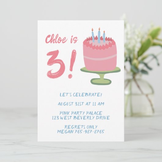 Whimsical 3rd Birthday Cake Kinder Party Custom Kaart (Staand voorkant)