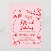 Whimsical 50 and Fabulous Doodle and Bow Birthday Kaart (Voorkant / Achterkant)