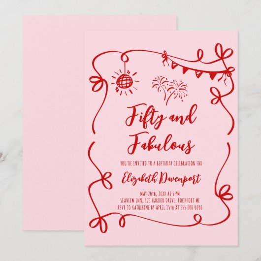 Whimsical 50 and Fabulous Doodle and Bow Birthday Kaart (Voorkant / Achterkant)