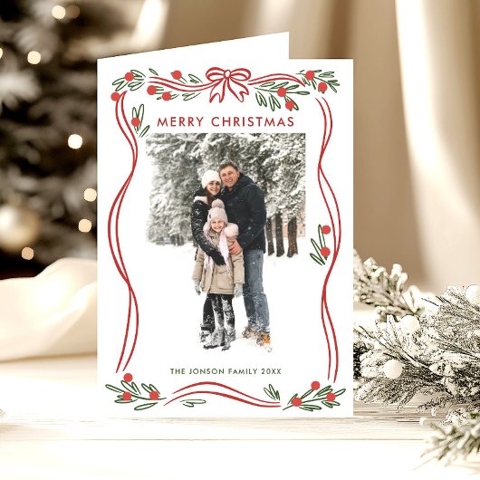 Whimsical 5 Foto Boho Rode Kerstboog lint Feestdagen Kaart