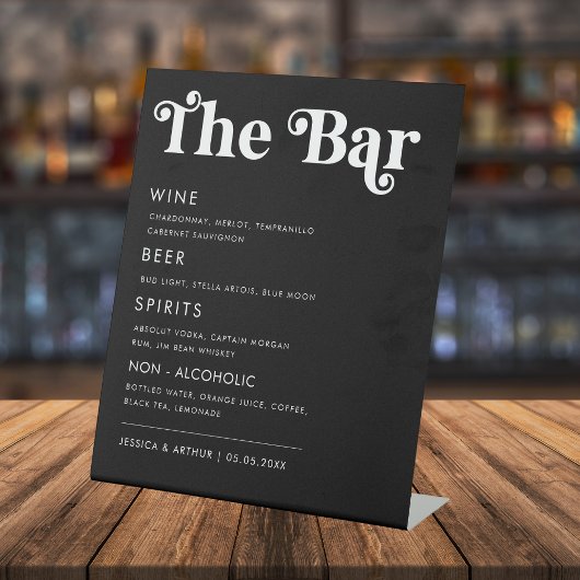 Whimsical 70s Retro Script Wedding Bar Drink Menu Reclamebord Met Voetstuk