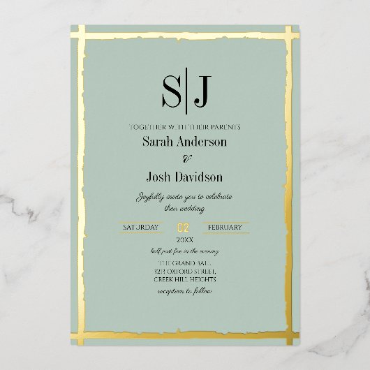 Whimsical Aarde-getinte Blauwe Gouden Grenzen Brui Folie Uitnodiging (Voorkant)